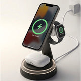 LYRZIX foldable 3-in-1 magnetic wireless charger for iPhone, Apple Watch, and AirPods. High-end minimalist travel design