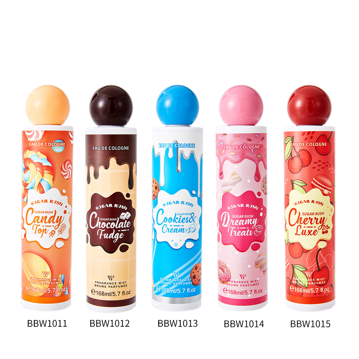 LYRZIX DREAMY TREATS Peach Coconut Body Mist 168ml shown in a matching fragrance variant lineup