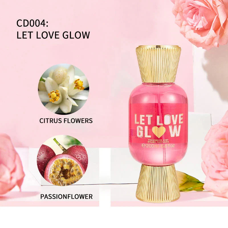LYRZIX LET LOVE GLOW Citrus Blossom Passionflower Fragrance Mist 200ml front bottle for summer travel touch-ups