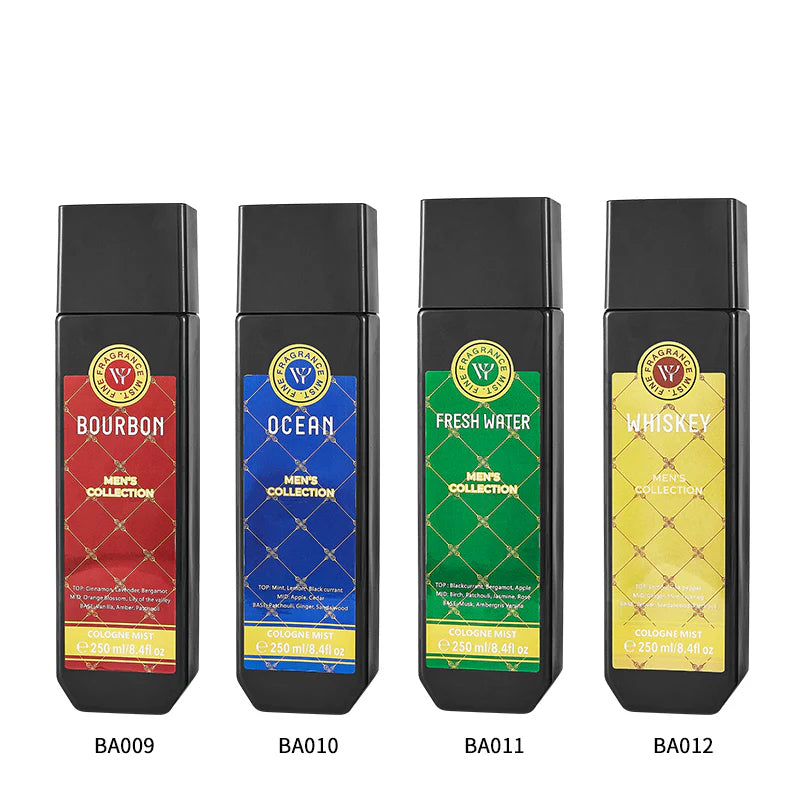 LYRZIX OCEAN Mint Lemon Cedar Men’s Body Mist 250ml studio lineup with matching fragrance variants gallery angle