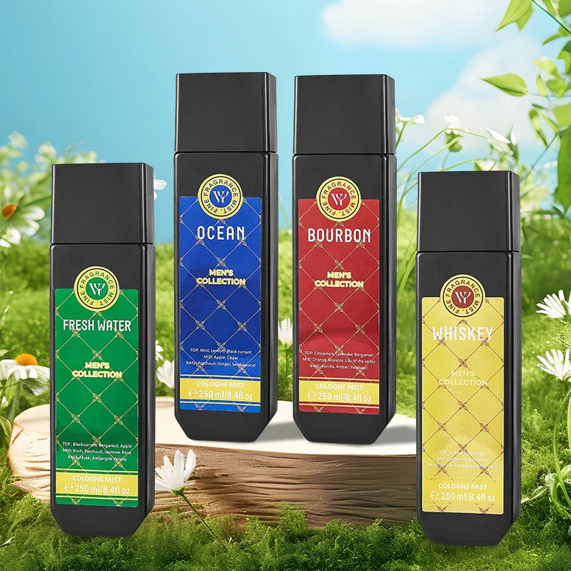 LYRZIX OCEAN Mint Lemon Cedar Men’s Body Mist 250ml studio lineup with matching fragrance variants