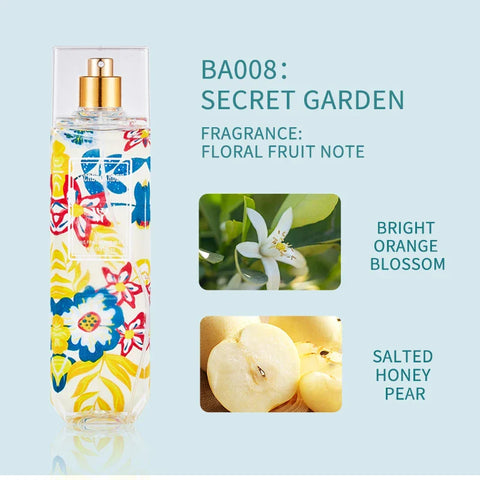 LYRZIX SECRET GARDEN Orange Blossom Pear Body Mist 250ml front bottle view with label details