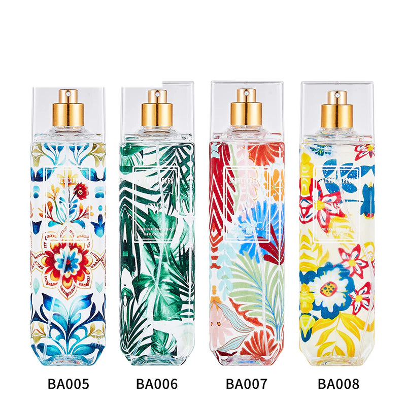 LYRZIX SECRET GARDEN Orange Blossom Pear Body Mist 250ml studio lineup with matching fragrance variants