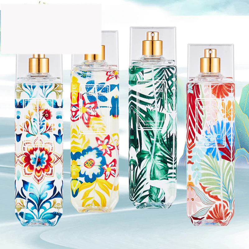 LYRZIX SECRET GARDEN Peach Hibiscus Body Mist 250ml lifestyle lineup with matching fragrance variants