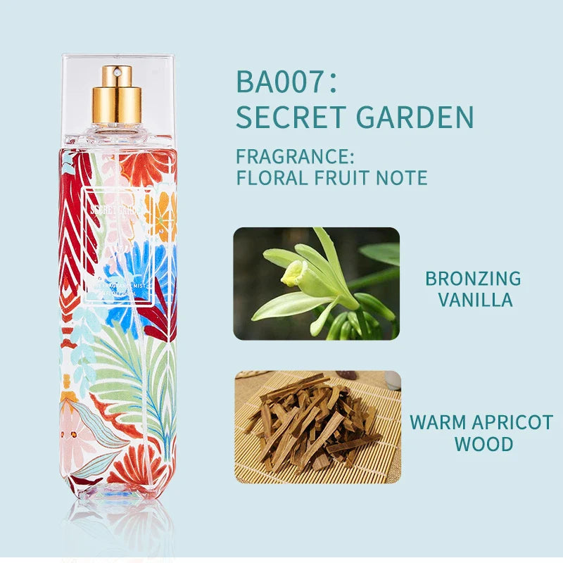 LYRZIX SECRET GARDEN Vanilla Apricot Wood Body Mist 250ml front bottle view with label details