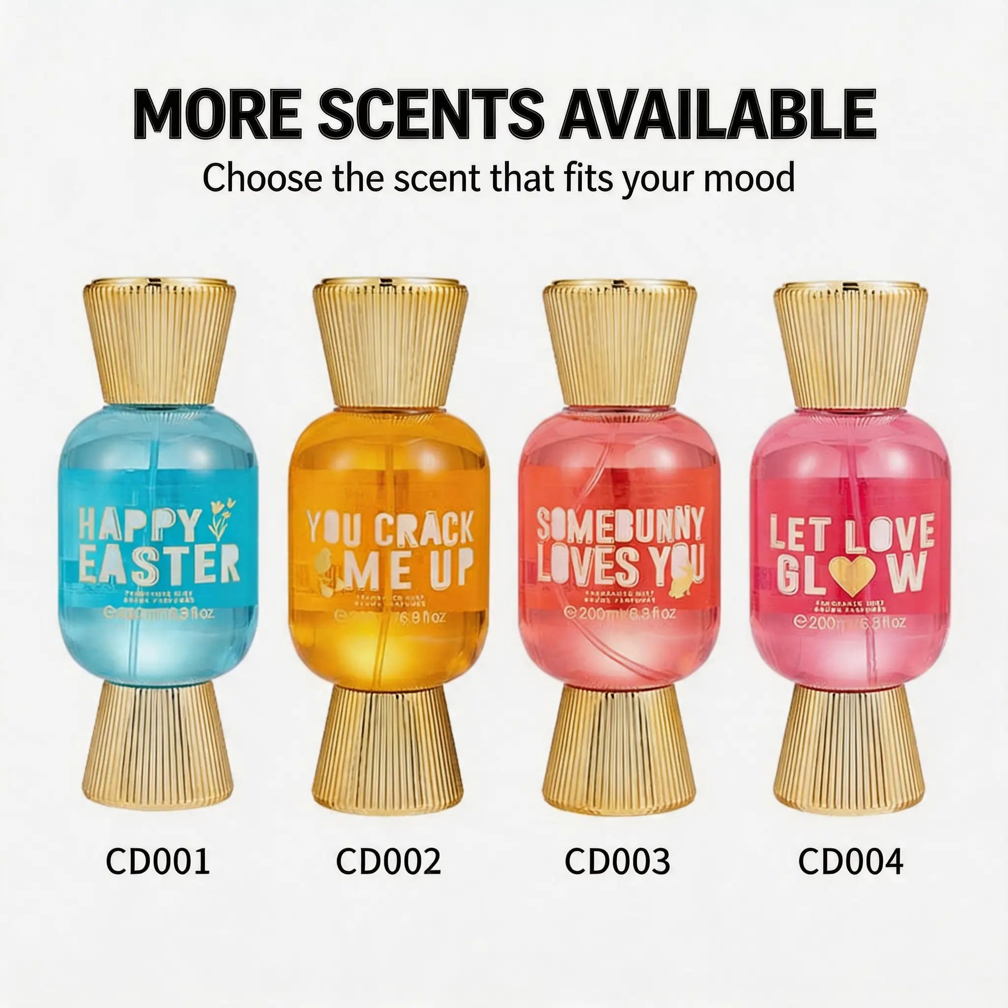 LYRZIX Spring Easter body mist scents featuring fresh citrus, soft peony, playful pear and fruity raspberry fragrance options