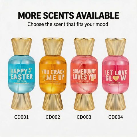 LYRZIX Spring Easter body mist scents featuring fresh citrus, soft peony, playful pear and fruity raspberry fragrance options