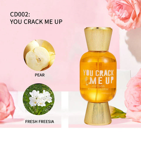 LYRZIX YOU CRACK ME UP Pear Freesia Fragrance Mist 200ml front bottle for daily fragrance routines
