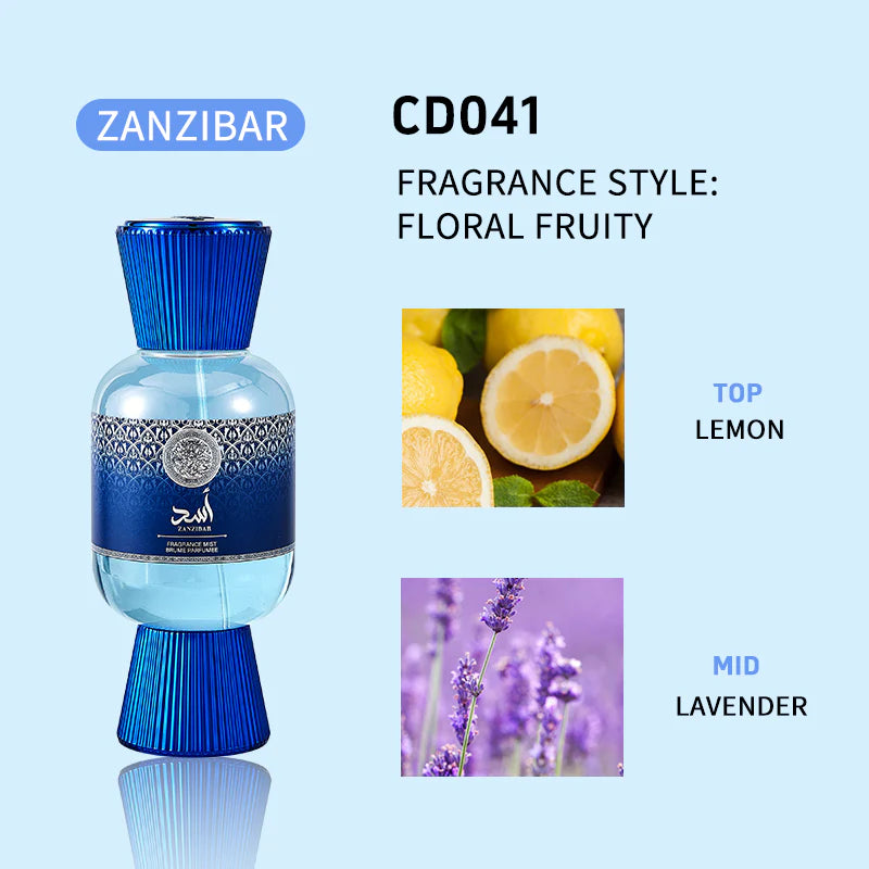 LYRZIX ZANZIBAR Citrus Lavender Body Mist 200ml front bottle for summer travel touch-ups